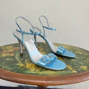 Badgley Mischka Metallic Blue Snakeskin Stiletto Heels - Crystal Straps Sz 40